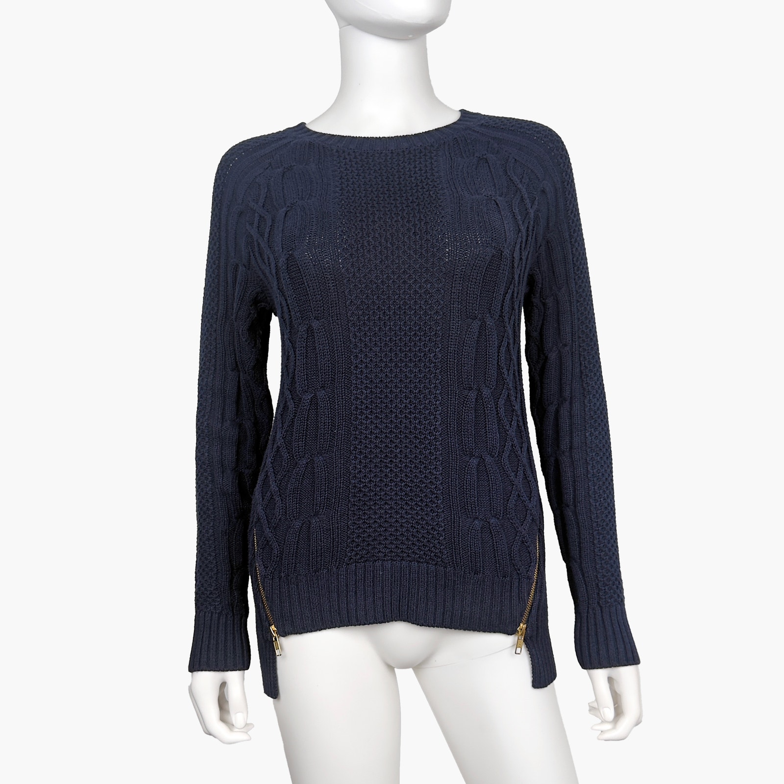 Cabi Side-Zip Pullover Cable Knit Crewneck Sweater (Nazy | Size S)